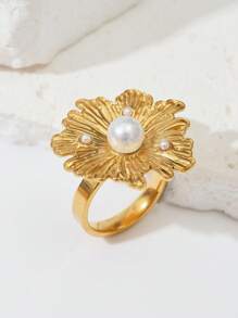 1 Peça Anel Ajustável Floral com Pérola Falsa, Concha e Estrela-do-mar, Retrô de Aço Inoxidável Dourado, Moda Verão Festa na Praia Uso Diário, Ótimo Presente para Namorada, Amiga