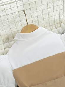 Set casual pentru fete, 2 piese, top cu guler cu nasturi, mânecă scurtă, color block, și pantaloni evazați minimalisti, ținută de primăvară/vară, potrivită pentru exterior, ținute casual, cadouri, petreceri, școală, întoarcerea la școală