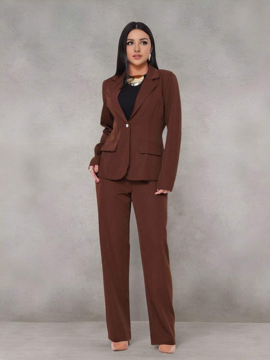 WUUW Women Office Formal Suit Set, Elegant Business Formal Set, 2 Piece Set, Plain/Button/Pocket/Zipper/Office - Óxido marrón - Ver 1