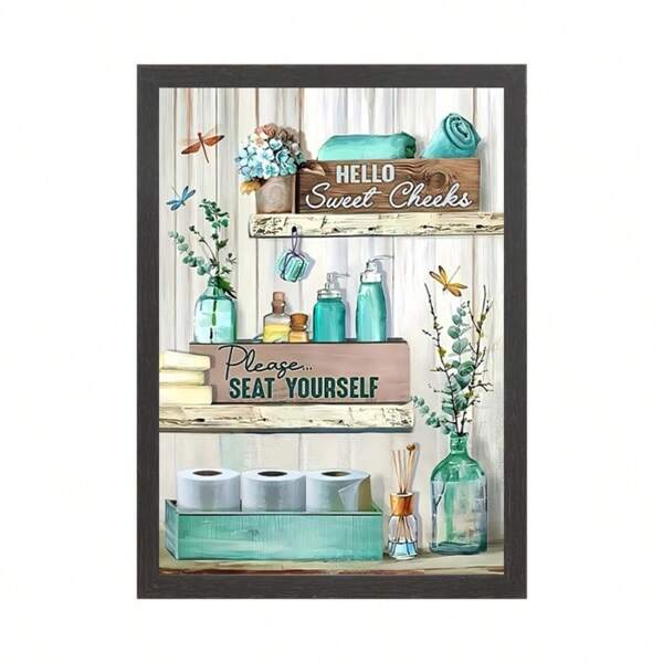 1pc Country Style Light Blue "Have A Seat" Bathroom Decor Painting, Desktop Decoration, Modern Home Decor, Ideal Gift Idea,School Supplies,Back To School