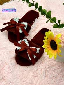 女士平底蝴蝶结蕾丝露趾毛绒拖鞋，粉色拖鞋，酒红色拖鞋 - 酒紅色 - 查看 5