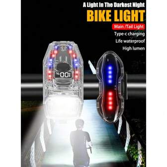 1PC Bike Front And Rear Light Set, Type-C Rechargeable Bicycle Lights With Quick Release & Waterproof, 5+3 Mode Front Rear Bike Light Combo For Road Mountain Night Riding, Easy To Install (Bicycle Accessories)