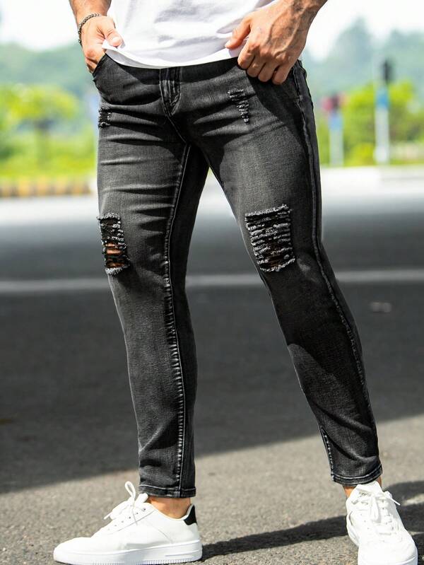 Jeans délavé élastique décontracté pour hommes, style de rue ajusté décontracté pour vacances, style hip-hop de rue, style skinny mode en jean