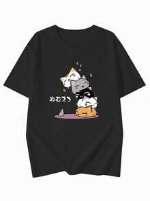 日式风格女式宽松圆领休闲百搭卡通印花短袖T恤，春夏