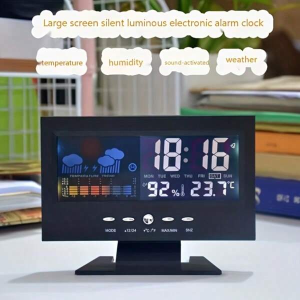 Reloj despertador electrónico multifuncional con temperatura, humedad, pantalla del clima, reloj de mesa/mesita de noche, reloj decorativo para el hogar con cable USB (baterías no incluidas) Decoración de habitación