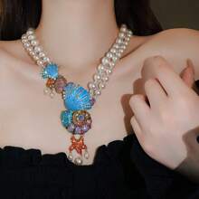 2 pièces Ensemble de collier et boucles d'oreilles avec pendentif multicouche imitation perle, coquillage et étoile de style luxe océanique