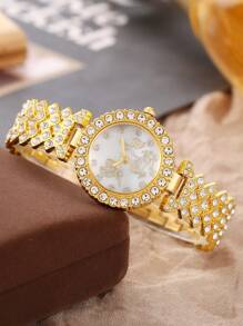 5pcs/Set Fashionable And Elegant Butterfly & Rhinestone Decorated Ladies' Watch And Heart-Shaped Big Rhinestone Jewelry Set, Suitable For Daily Wear Valentines