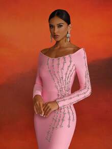 LOVE Aing Elegant Women's Off Shoulder Long Sleeve Luxury Evening Dress With Handcrafted Rhinestones, Backless Design, Suitable For Weddings - Pink - View 8