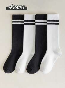 4/2/1 Pair Girls Socks, Summer Thin Mesh Mid-Calf Socks, Classic Black & White Stripe School Style, Versatile Fashion, Skin-Friendly Soft Breathable Casual Sports Socks, Suitable For Daily Life, Holidays, Travel, Back To School