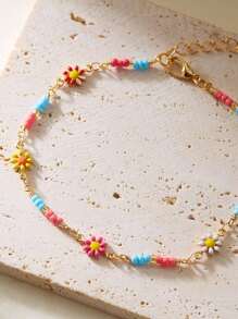 1 Cadena de tobillo de oro con diseño de girasol de playa de verano, un regalo para una amiga con cuentas aleatorias