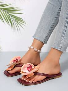 花卉沙滩凉鞋，新款大码女士休闲平底人字拖，女式露趾拖鞋 - 酒紅色 - 查看 3