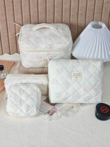 Pink Quilted Large-Capacity Makeup Pouch For Women, Minimalist And Fashionable Girl's Bathroom Bag, Storage Bag, Digital Bag, Pen Holder, Suitable For School, Office, Outings, An Ideal Gift For A Girl - Multicolor - View 2