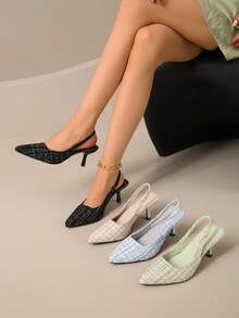 Sapatos de Salto Alto de Bico Fino Femininos - Parte Superior de Tecido Listrado com Bordado Decorativo, Forro Sintético e Sola de Borracha, Sapatos Formais e Casuais Elegantes para Todas as Estações, Adequados para Ocasiões Formais | Estilo Sofisticado | Durável e Resistente ao Desgaste