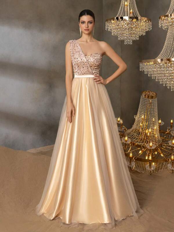 Faeriesty Vestido maxi con corte evasé en malla, sin mangas, con un solo hombro, con lazo en la espalda, decorado con cuentas bordadas y bordados brillantes. Apropiado para bodas, galas y fiestas lujosas. Diseño elegante y femenino para ropa formal de primavera y verano.
