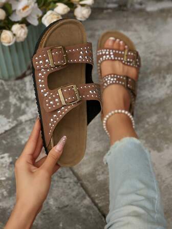 Plus Size Women Summer New Casual Sandals, Lightweight Comfortable Rivet Metal Buckle Thin Strap Slip-On Thick Bottom Beach Holiday Flat Sandals
