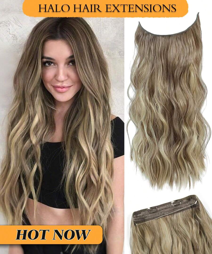 16" 20" Halo Hair Extensions Invisible Wire Hair Extensions With 2 Clips Synthetic Wavy Hairpiece Adjustable Transparent Headband For Women - Light Ash Brown with Highlights - 查看 1