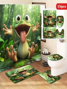 1/4 Stück Frosch Muster Duschvorhang Set, beinhaltet Duschvorhang, 12 Haken, Badematte, U-förmige Toilettenvorlage, Toilettensitzabdeckung, Badezimmer Dekoration, geeignet für Badezimmer Vorhang Set für den Schulanfang