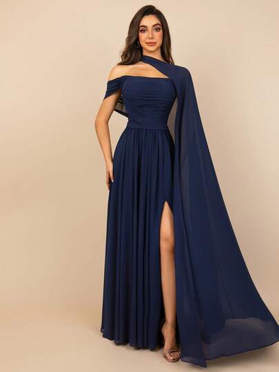 MOEVIO Women's Unique Halter Long Cape Ruched Pleated Backless Lace-Up Long Formal Evening Prom Ball Gown Wedding Party Vacation Photoshoot Homecoming Fall Winter Halloween Christmas New Year Dress