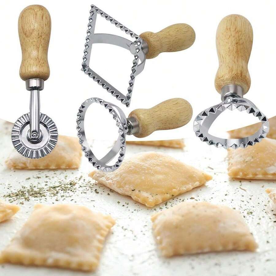 4 Pcs Biscuit Making Tools Set Ravioli Stamp Maker Cutter Italian Pasta Dumpling Knife Wooden Handle Comfortable Grip Dumpling Sealing Groove Edge Suitable For Making Dumplings Pasta Tools Kitchen Baking Accessories - MF-1246 - View 1