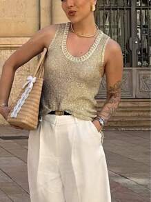 Top a maglia casual con paillettes e senza maniche, a tinta unita, con lavorazione traforata, base per abbigliamento estivo, adatto per uso quotidiano, vacanze estive, uscite, crop top da donna