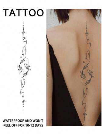1Pc Spine Fake Tattoo Temporary Tattoos Semi Permanent Tattoo Fish Waterproof Sweatproof Last For 1-2 Weeks Realistic Herbal Juice Anti-Friction Non-Reflective Black For Woman And Men Tattoo Stickers For Arm, Chest, Leg, Abdomen, Waist, Finger, Neck, Spine, Modernist Body Art