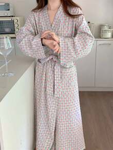 Women's Floral & Plaid Robe - Thickened Soft V-Neck Pocket Design For Home, Spring Sleepwear, Spring/Autumn Bathroom Use & Loungewear (Mid-Length) (Bath Robe Women, Bathrobe) - Multicolor - View 5
