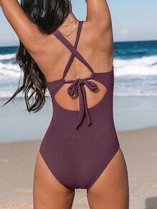 Women's Swimsuit Tummy Control Deep Double Straps Crisscross Back Tie Bathing Suit, 2025 Swimwear - 紫棕色 - 查看 4