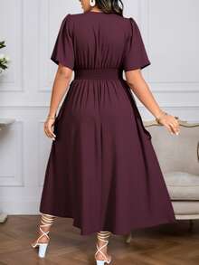 Vestidos Casuales de Talla Grande para Mujer, Vestidos de Manga Corta con Cuello En V para Mujer, Vestidos de Talla Grande con Mangas con Volantes de Moda, Vestidos Maxi de Talla Grande de Color Sólido para Dama, Adecuados para Uso Diario Informal Y de Fiesta - Burdeos - Ver 5