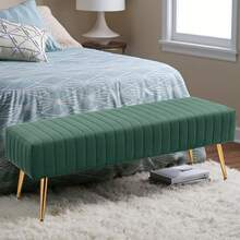 FURNIMART Fumahome Banco de Cuero Sintético para Pie de Cama con Patas Doradas, Banco Moderno con Botones Acolchados para Entrada, Lujoso Banco Otomano para Decoración de Sala de Estar - Verde - Ver 7