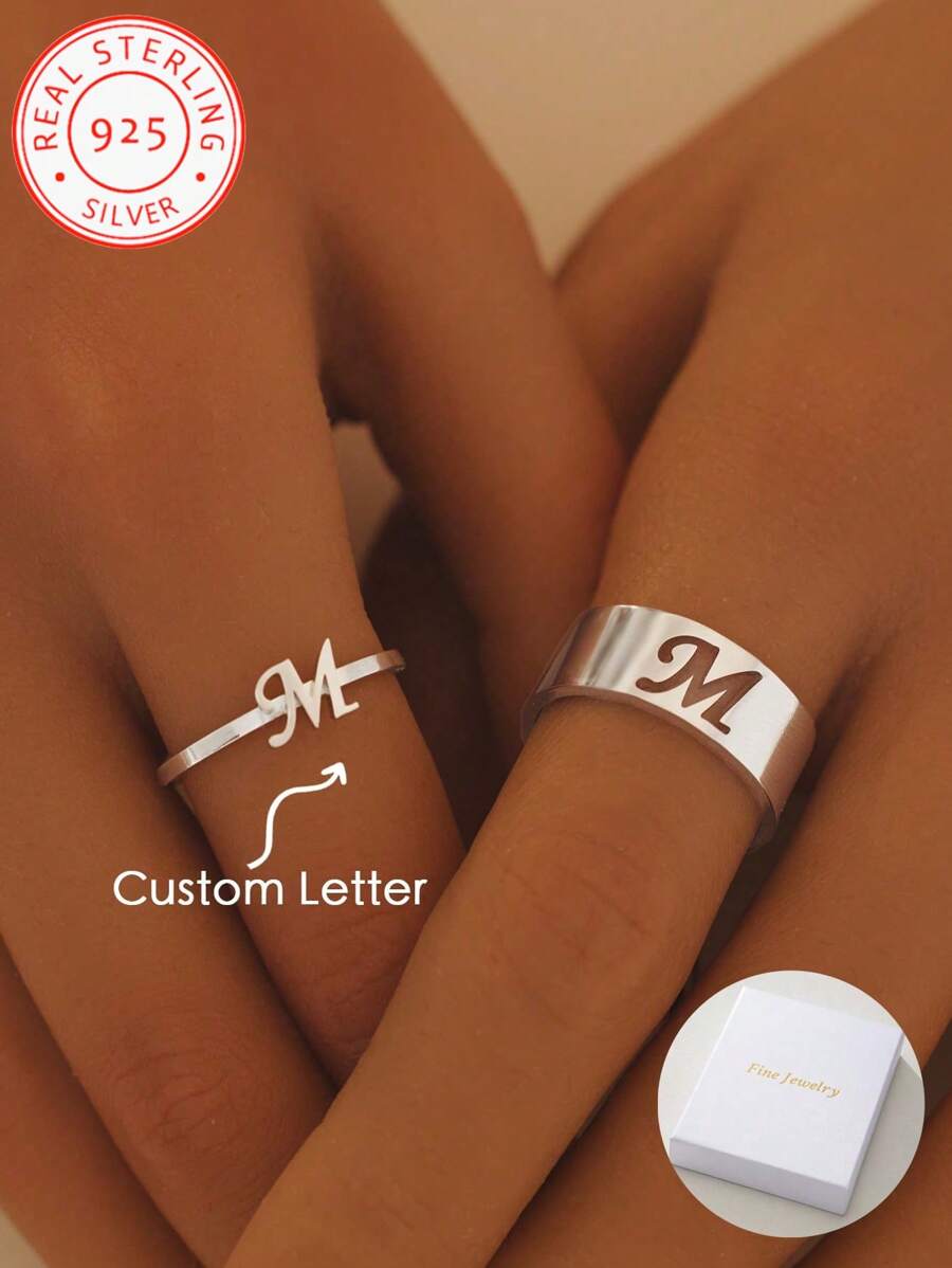A 925 Silver Personalized Initial Couple Adjustable Ring Set, Matching Ring Set, Anniversary Gift, Dating Ring, Valentine's Day Gift, Wedding Gift, Heart Naming Ring