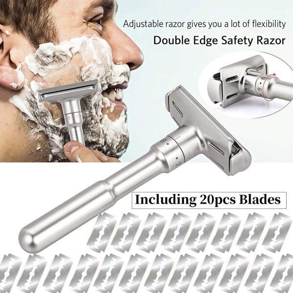 Adjustable Manual Safety Razor Shaver, Safety Men Double Edge Shaver,Razor With 20 Blades,Long Handle Adjustable Classic Safety Shaver Razor, Idea Gitf Father And Boy Frind