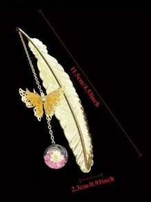 1 pieza Marcapáginas de metal con pluma, flor seca y hoja de mariposa creativa, artículos de papelería para estudiantes, regalo del Día del Maestro, elegantes suministros de oficina