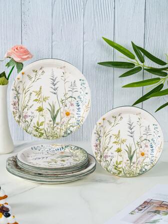 White Background Floral Paper Plates, Disposable Plate For 25 Guests, Suitable For Party, Gathering, Birthday, Gift Giving Decoration