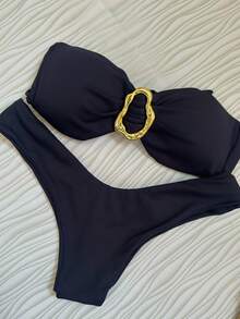 Black Strapless Bikini Top With Removable Padded Cups Elegant Casual Knot Ring - Black - View 5