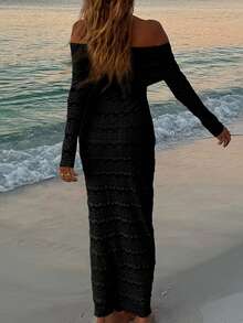 露肩长袖修身性感极简连衣裙 黑色 春季 - 黑色 - 查看 2