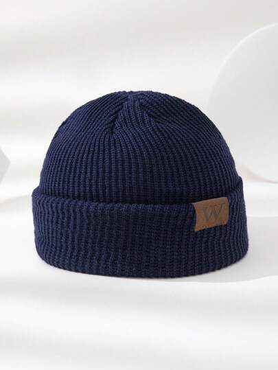 1pc Men's Leather Tag W Shape Knit Beanie Hat, Soft, Fashionable, Warm, Suitable For Outdoor Casual Daily Wear, Autumn/Winter