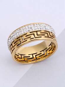 1pc Fashionable Stainless Steel Hollow Great Wall & Clover Rhinestone Decor Ring, Suitable For Men And Women Daily Wear - Ring - View 18