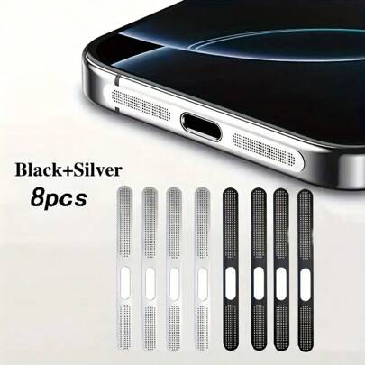 4/8 piezas Cubierta antipolvo de rejilla de altavoz de metal negro/plateado/mixto, diseño súper delgado, apto para las series 16/15/14/12 - Membrana de aceite para altavoz, protector de polvo para puerto de carga, tapón antipolvo para teléfono