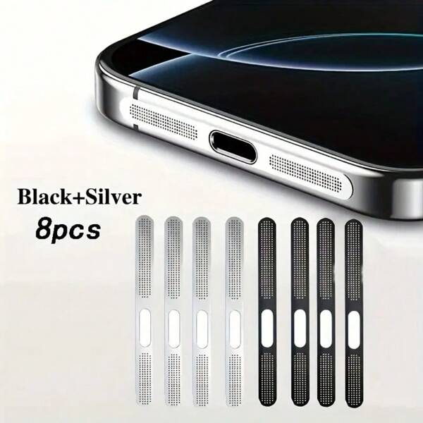4/8 piezas Cubierta antipolvo de rejilla de altavoz de metal negro/plateado/mixto, diseño súper delgado, apto para las series 16/15/14/12 - Membrana de aceite para altavoz, protector de polvo para puerto de carga, tapón antipolvo para teléfono