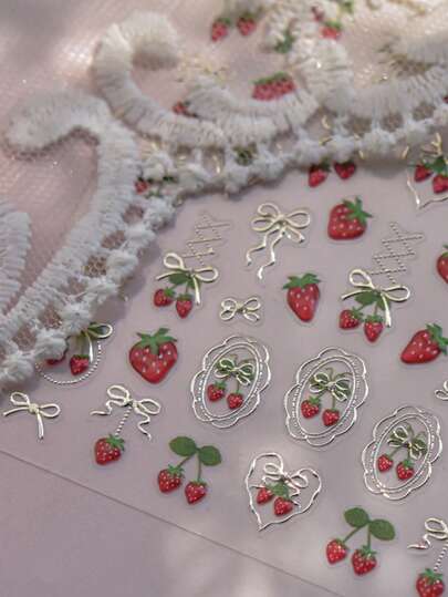 1pc 5D Metal Nail Art Stickers Exquisite Bow Strawberry Nail Stickers Self Adhesive Paper For DIY Nail Accessories
