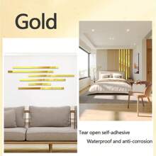 Tira decorativa autoadhesiva y brillante de acero inoxidable dorado, adhesivo mural impermeable