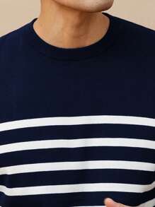 Men's Round Neck Striped Knitted Short Sleeve T-Shirt, Casual For Outdoor, Commuting & Leisure