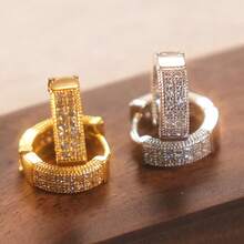 1 件奢华金色圆形水晶环状耳环，镶嵌方晶锆石，防过敏，时尚圆形耳环