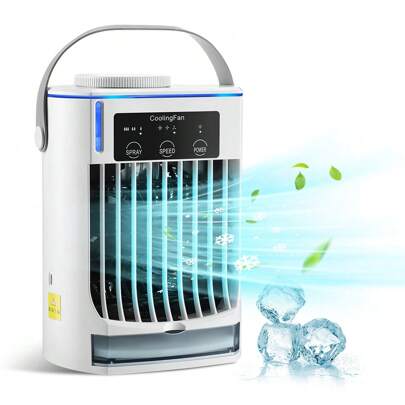Tragbarer Ventilator, tragbare Klimaanlage, tragbarer Luftkühler, Kühlventilator für den Schreibtisch, Wasser-Sprühkühler, USB-Klimaanlage-Kühler, Ultraschall-Zerstäubungskühlung mit drei Windstufen und drei Sprühstufen, 500 ML Wassertank