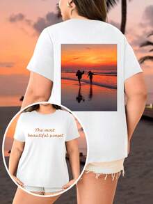 Custom Plus Size Women's T-Shirts - Add Your Text And Photos (Landscape/Badge Pattern/Couple Photo/Family Photo/Selfie/Pet, Etc.), Front And Back Printing Customization, Design Your Own Personalized Printed T-Shirt - White - View 2