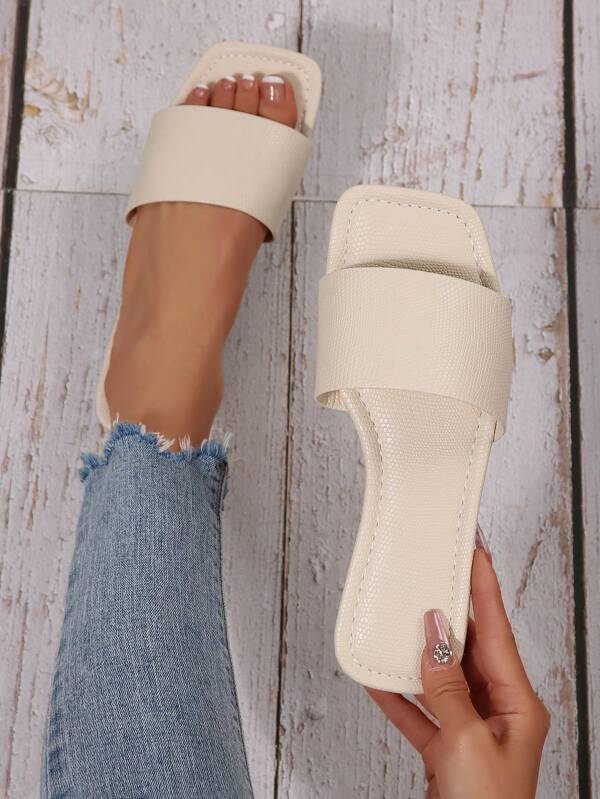 Plus Size Strap Open Toe Leather Slides, Luxury French Style Ladies Sandals, Solid Color Outdoor Large Size (35-43) Fashion Women Shoes, Lightweight Casual Slip-On Outdoor Slippers