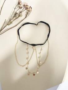 1pc Black Lace Elastic Thigh Garter, Fashionable Tassel & Heart Chain Thigh Chain Leg Harness, Bridal Wedding Accessories