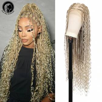 360° HD Full Lace Braided Wig Knotless Boho Braided Wig With Curly Ends Women Twist Braids Full Lace Wig With Baby Hair Handmade Crochet Synthetic Braided Lace Wig 36 Inch