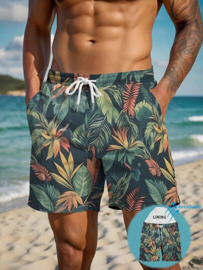 Men's Summer Printed Pattern Drawstring Waist Oblique Pocket Hawaiian Quick-Dry Double Layer Mesh Lining Shorts, Tropical Flower 3D Print Fashionable Casual Beach Resort Swim Trunks