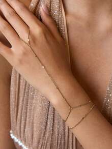 1pc Fashionable Versatile Y-Shaped Collarbone Chain, Simple Metal Flat Piece Connected Finger Chain, High-End Versatile, Suitable For Any Occasion, Ideal Gift - Yellow Gold - View 3